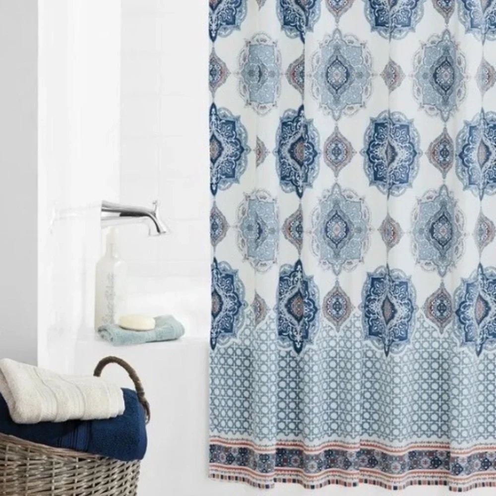 Mainstays Blue Boho floral larShower Curtain 72x71 Medallion Mink Velvet‎ large